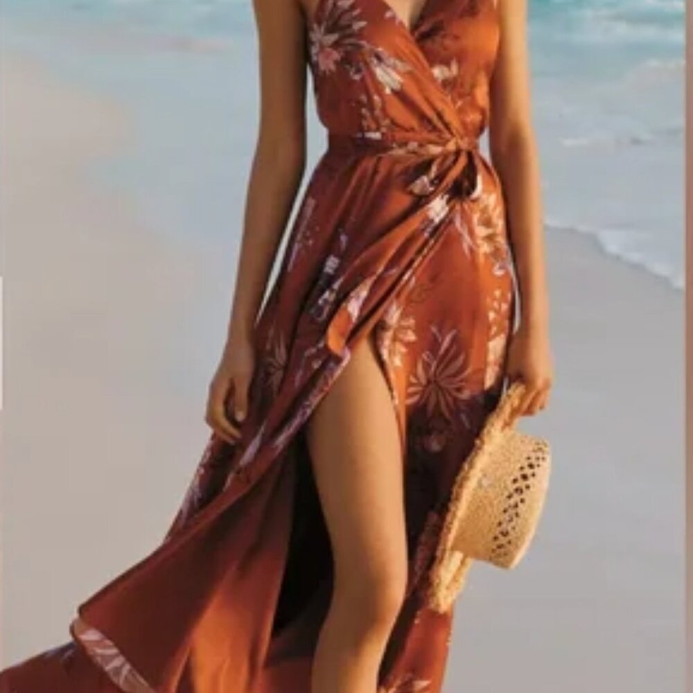 HUTCH | Anthropologie Palmetto Burnt Orange Floral Silky Wrap Maxi Dress Sz MP